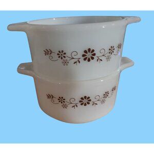 Vintage Pyr-O-Rey Milk Glass Handled Bowls Brown Floral Set of 2